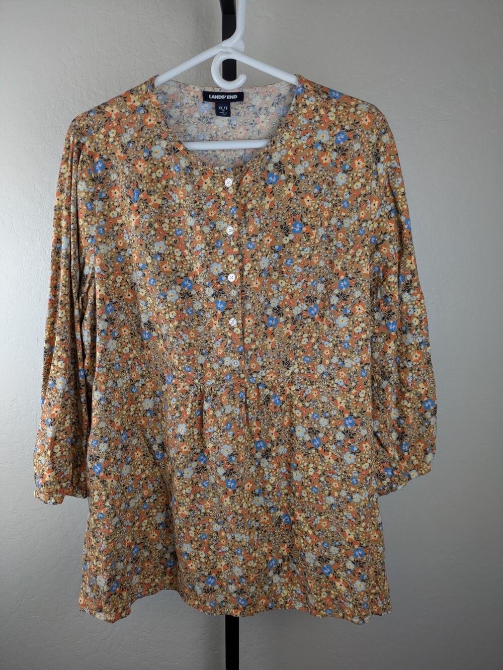 Lands' End XL Tall 3/4 sleeve knit popover top tan orange blue floral